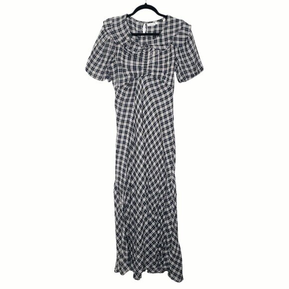 Doen Gwyneira Navy Countryside Plaid Ruffle‎ Cotton Midi Dress Size L - Picture 3 of 9
